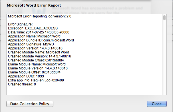 word for mac 2011 crash on open
